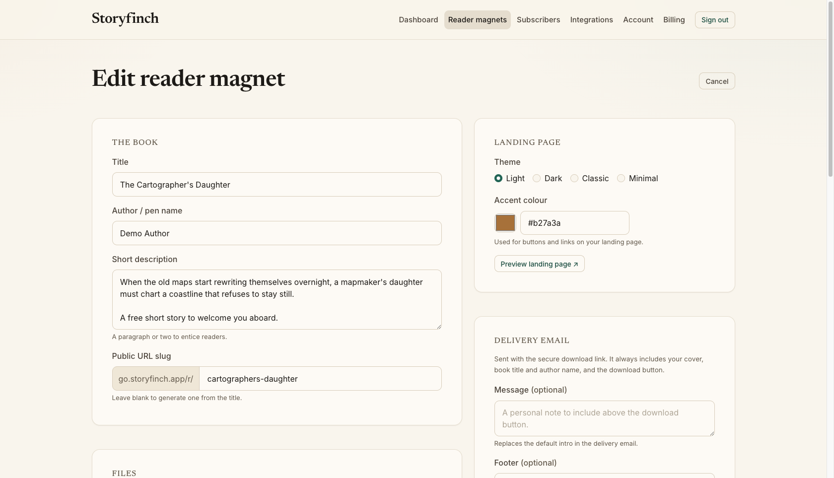 One editor for the book, delivery email, consent and landing page